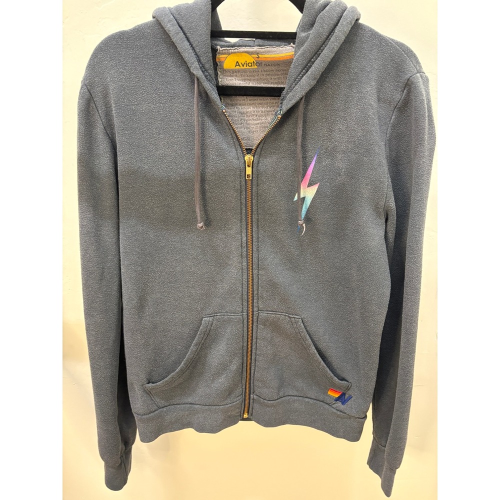 Aviator Nation Charcoal Gray Rainbow Lightning Bolt Zip Up Hoodie Small